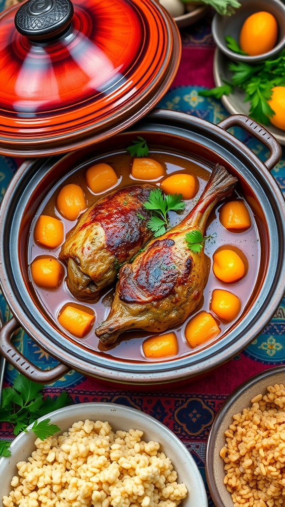 Savory duck and apricot tagine with duck legs, apricots, and spices in a traditional Moroccan tagine.